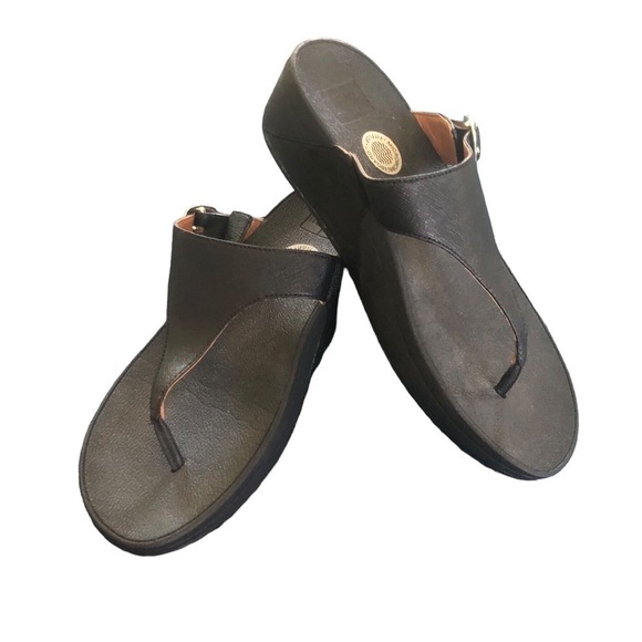FitFlop Women's Lulu Leather Toe-Post Thong Sandals 7 Black Micro Wobbleboard - Picture 2 of 6